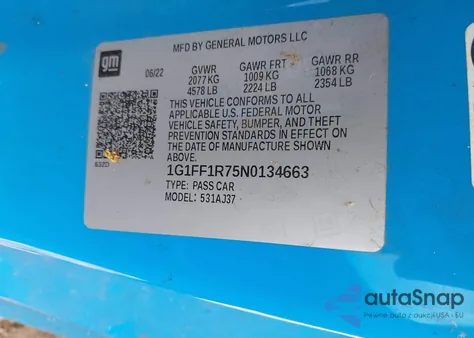 2022 Chevrolet Camaro Rwd 1Ss z USA, uszkodzony, nr VIN 1G1FF1R75N0134663